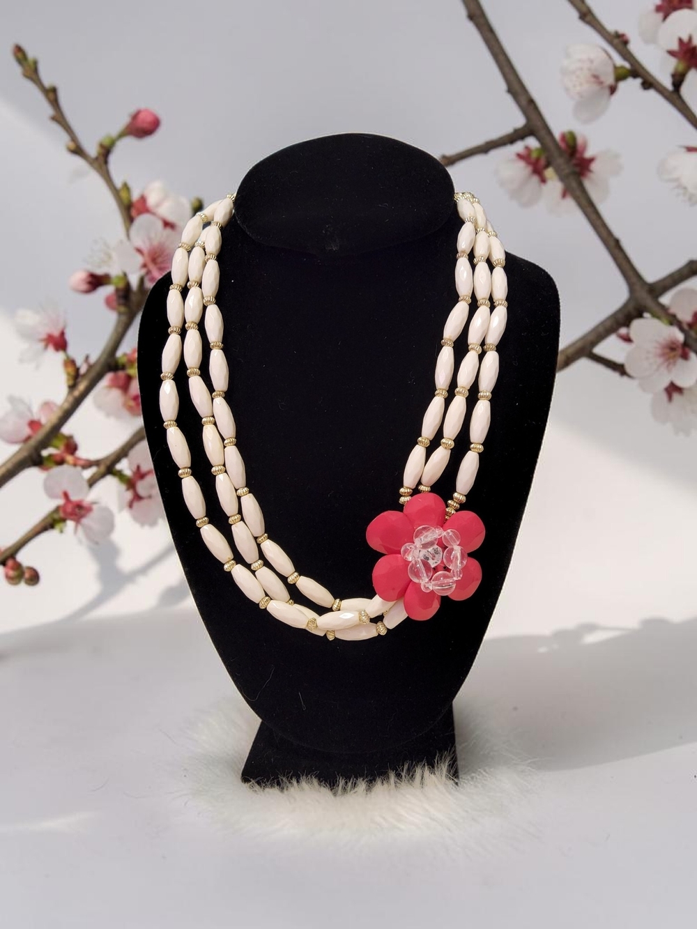 10 / $10 White Bead Necklace with Pink Flower Accent